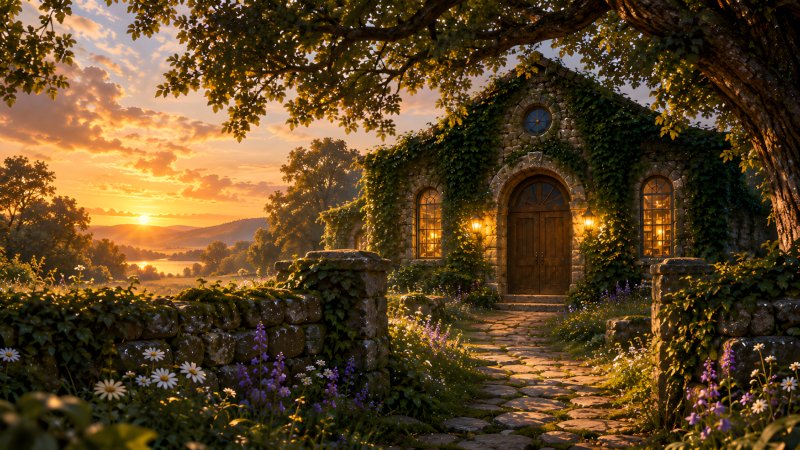 The Museum of Lost Weather hidden among ivy covered stone walls and wildflowers in the golden evening light.