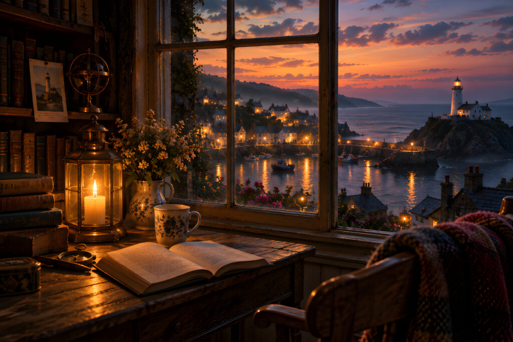 Voices Before Dreams reading nook at dusk, with an open book, warm lantern, harbour village and lighthouse overlooking the sea.