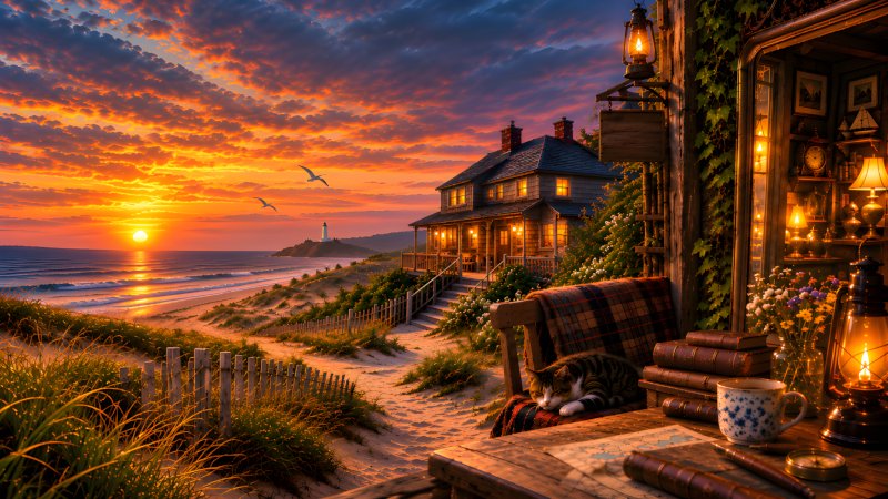 Whispers Before Dreams coastal inn at sunset with lanterns, dunes and a peaceful sea