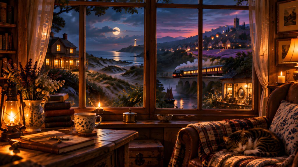 Whispers Before Dreams view from a cosy inn towards lavender hills, a steam train, beacon and moonlit sea