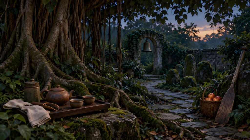 Stillness Before Dreams Garden at Dusk Stillness Before Dreams garden with a banyan tree, tea set, apples, wooden oar, bronze bell and memory stones.